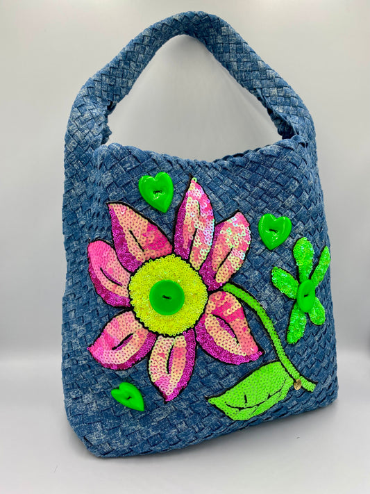 Sac en Denim «marguerite rose fluo » .