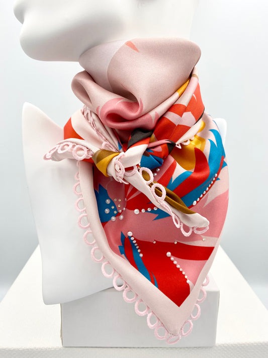 Foulard en soie « Petit Mnj » rouge/rose .