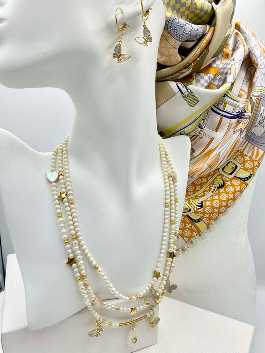 Collier 3 rangs « ivoire » papillons.