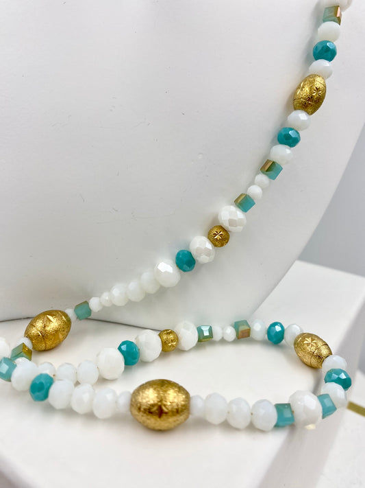 Sautoir blanc/turquoise