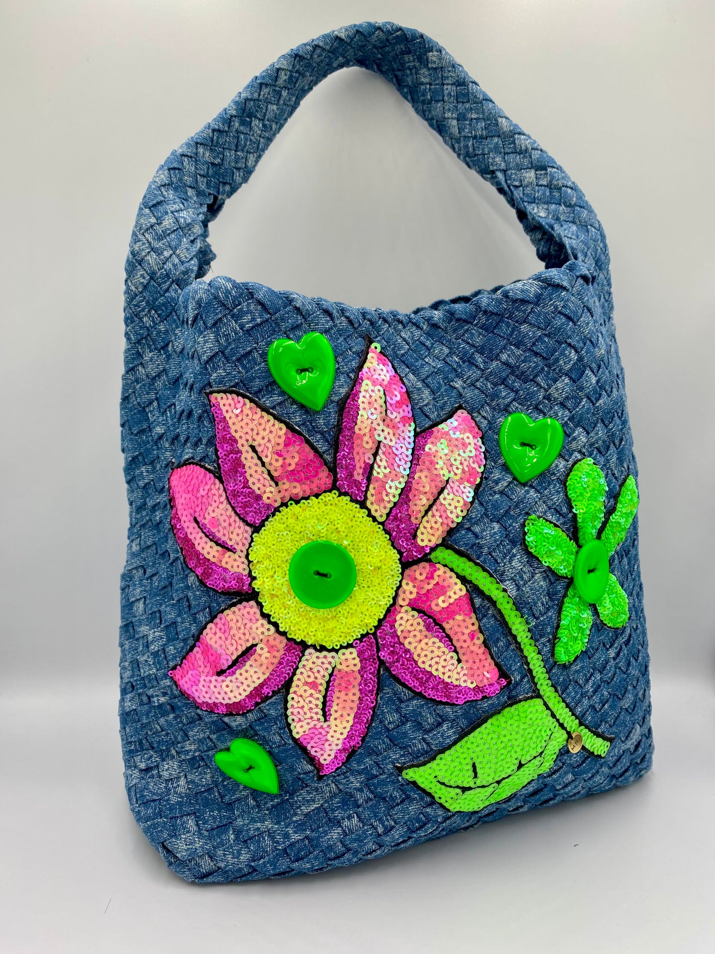 Sac en Denim «marguerite rose fluo » .