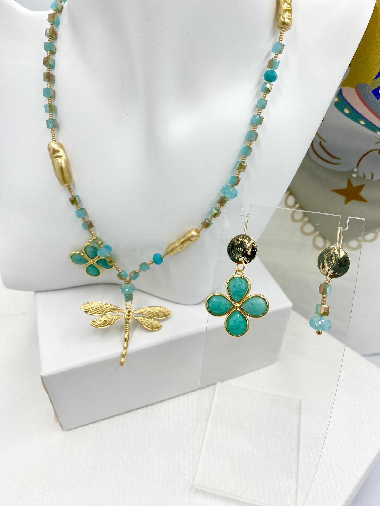 Collier libellule or/turquoise