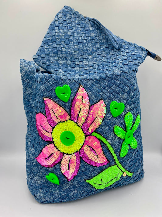 Sac en Denim «marguerite rose fluo » .