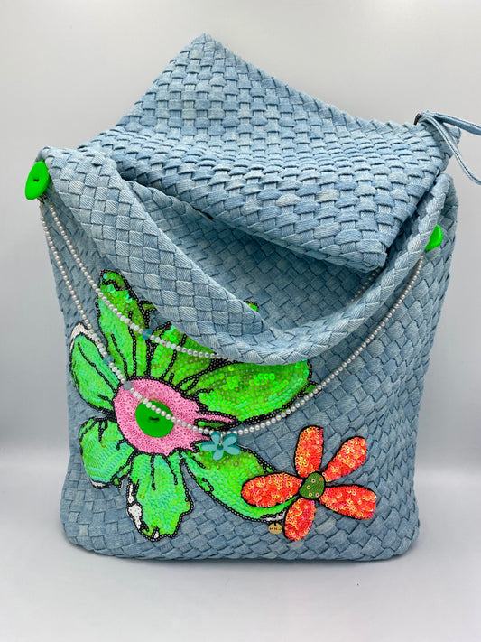 Sac Denim « marguerite verte fluo » chaînette .