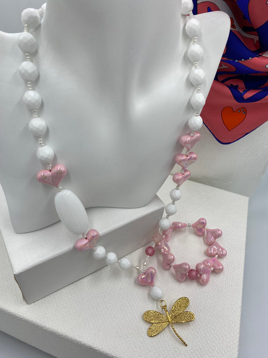 Sautoir cœur rose / libellule